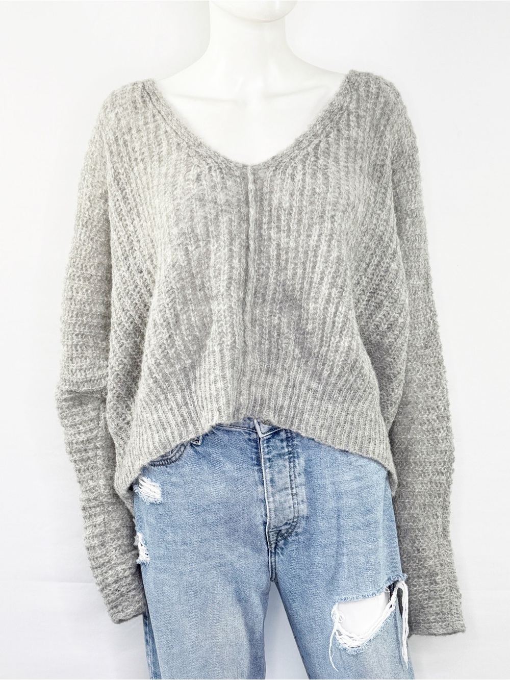 Free People Gray Oversized Knit Sweater Slouchy V Neck Cozy Boho Size M